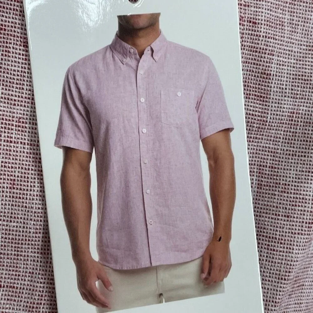 Weatherproof Vintage Mens XXL Pink Washable Linen Short Sleeve Shirt a0405 - Picture 2 of 10